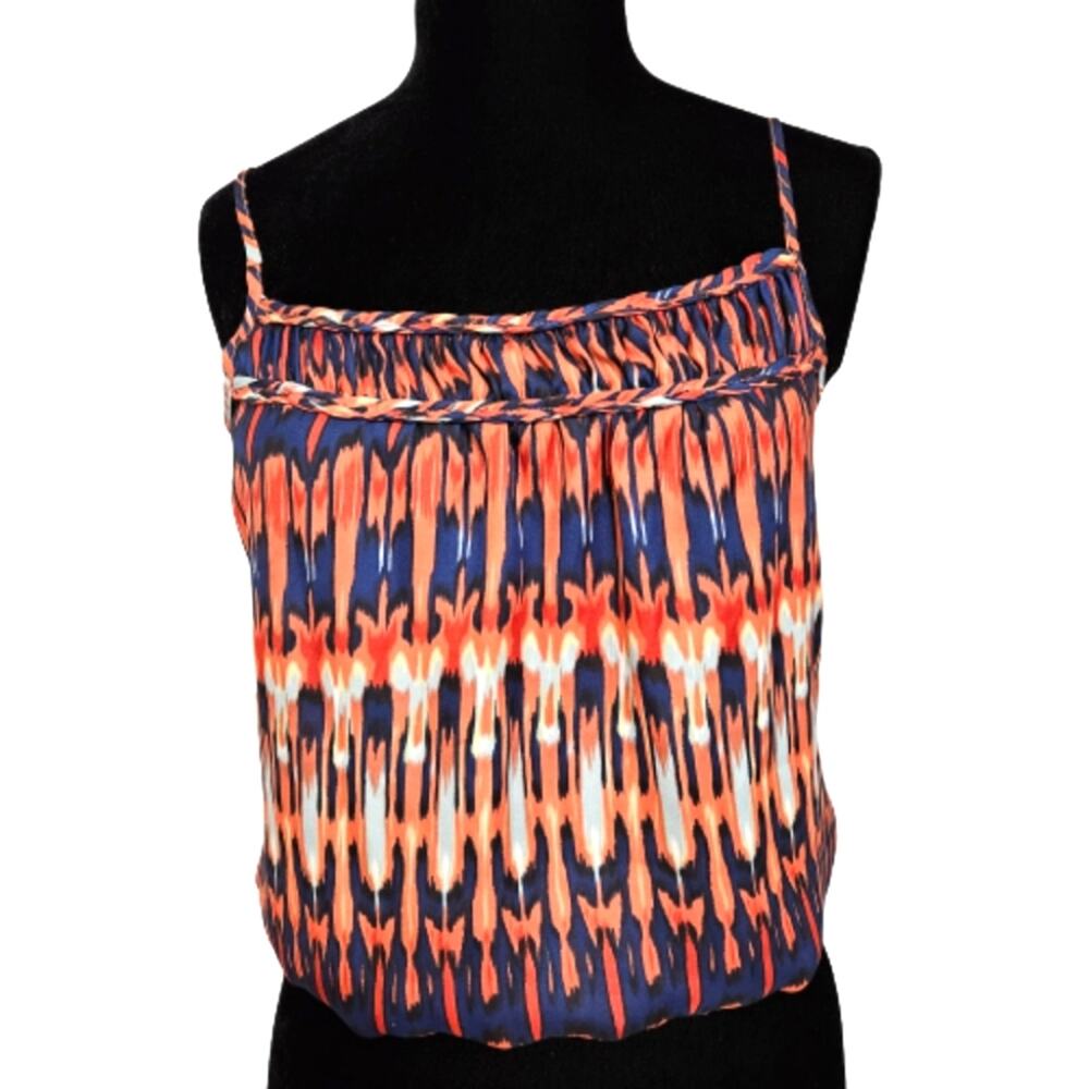 FANG Blue and Orange Spaghetti Strap Elasticized‎ Blouson Semi Sheer Top L